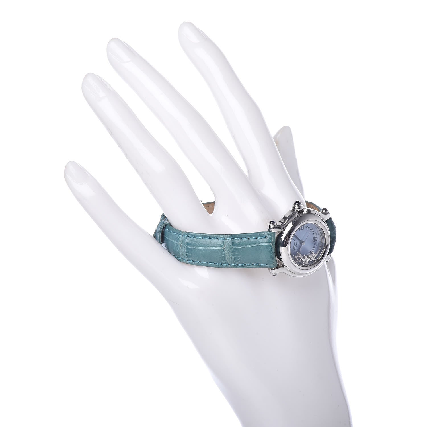 Chopard Stainless Steel Alligator Diamond Blue Sapphire Blue Mother of Pearl 26mm Happy Sport Star Quartz Watch 2 of 9