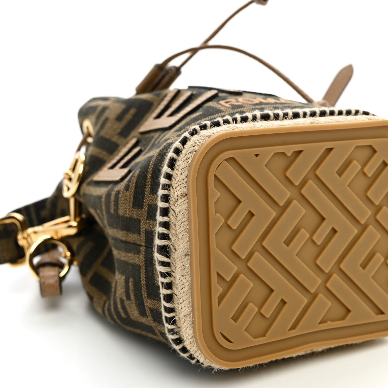 Fendi Fabric Jacquard Vitello Grace Raffia FF 1974 Logo Mini Mon Tresor Bucket Bag Tobacco Moro Sand 9 of 10