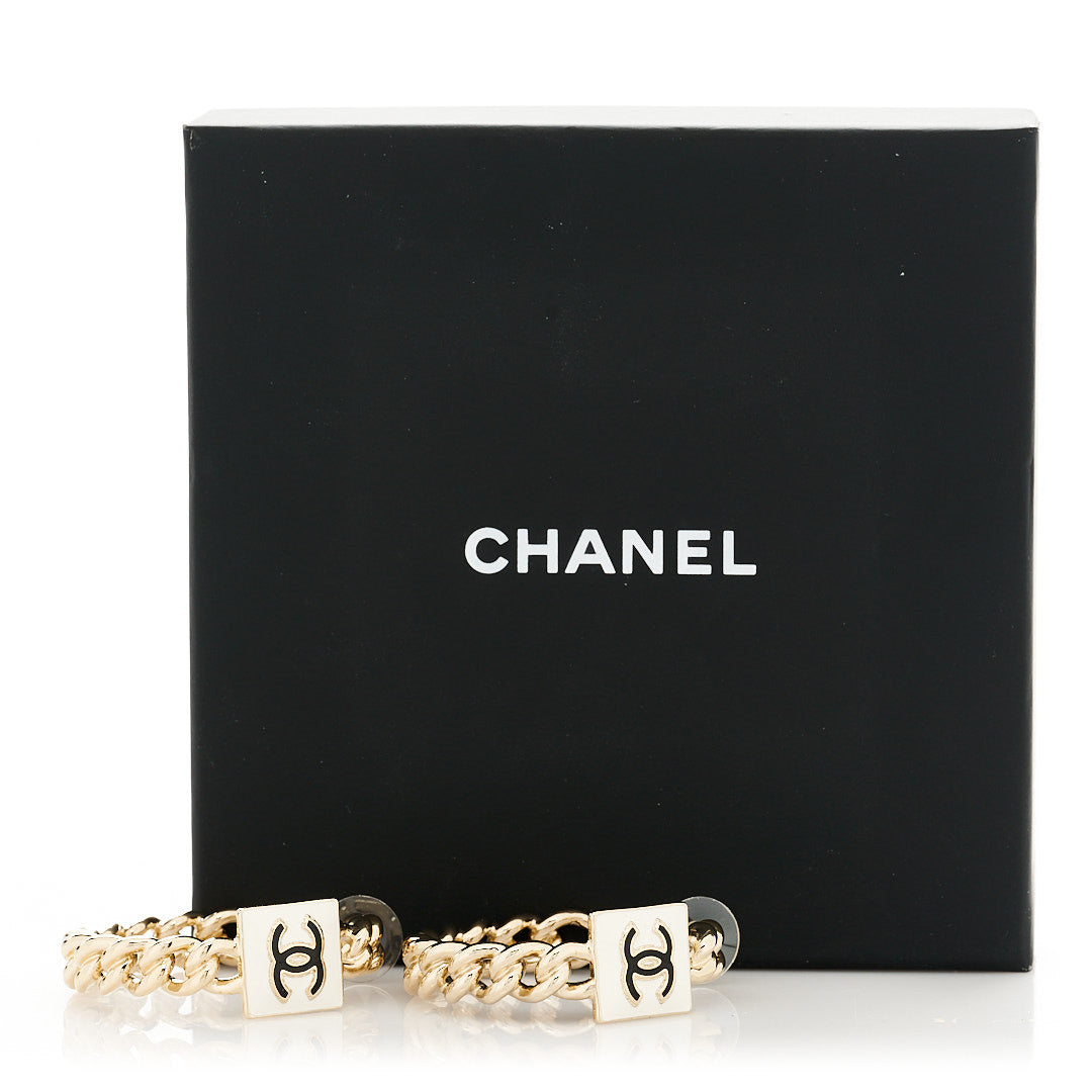 Metal Enamel CC Square Chain Hoop Earrings Gold White