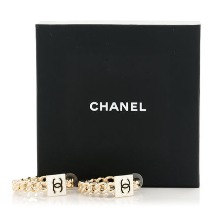 Chanel Metal Enamel CC Square Chain Hoop Earrings Gold White 5 of 5