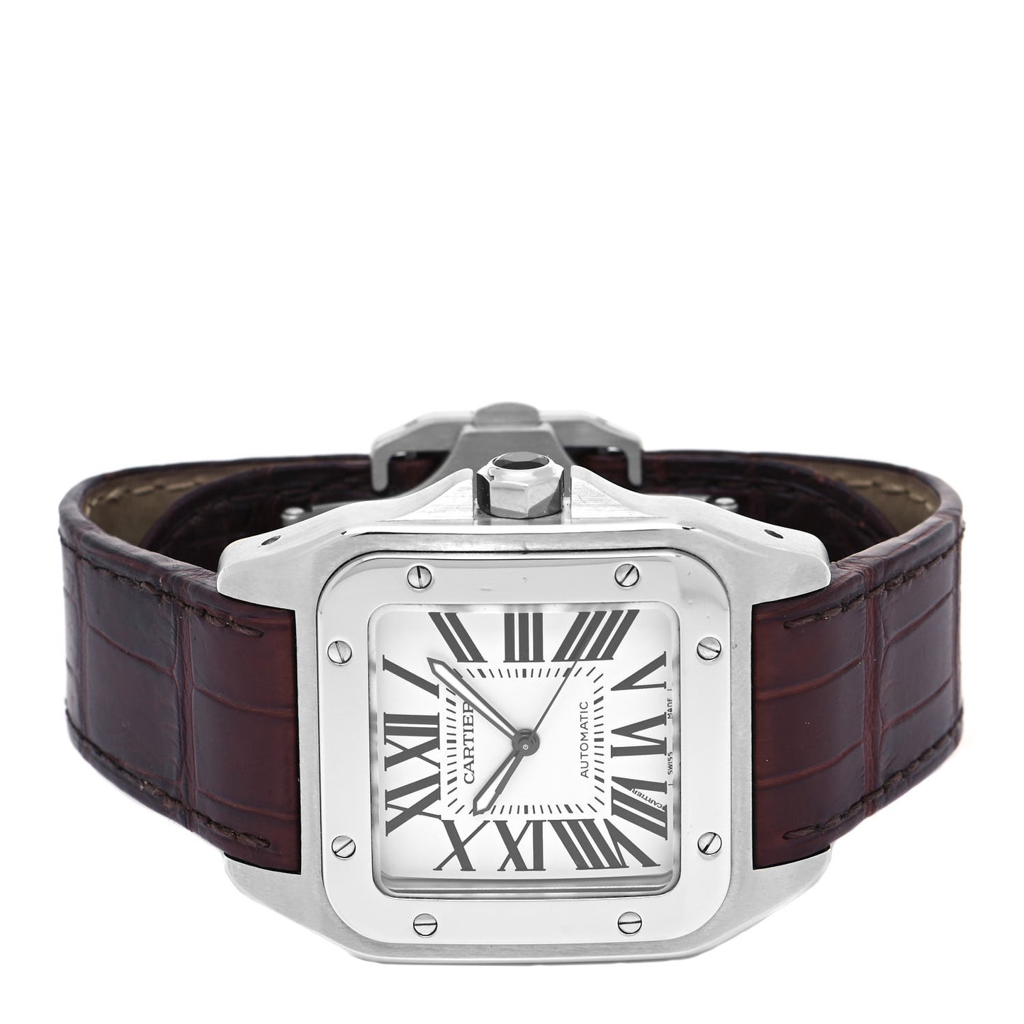 Stainless Steel Alligator 38mm Santos 100 Automatic Watch Brown
