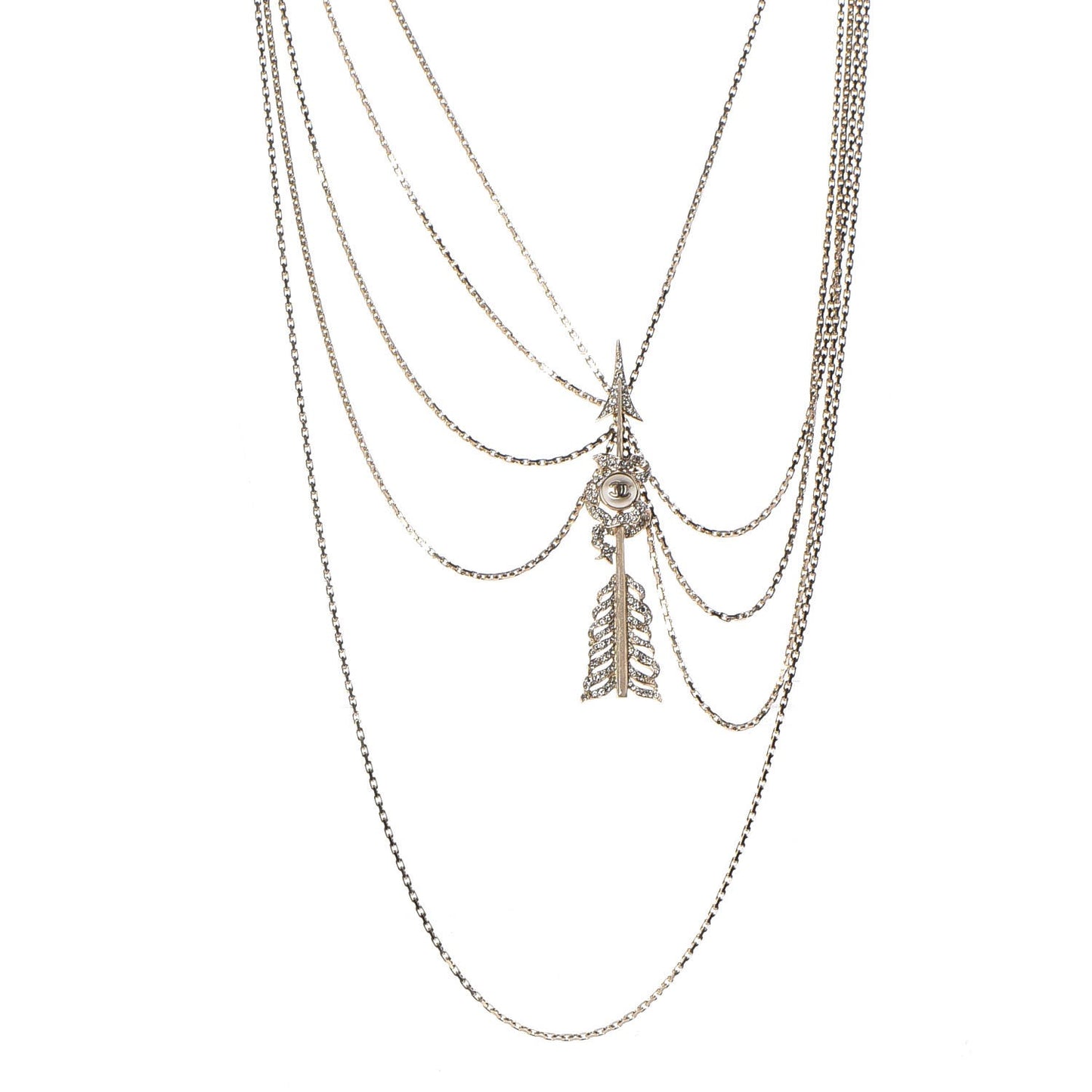 Crystal Pearl Chain CC Arrow Multi Strand Necklace Gold