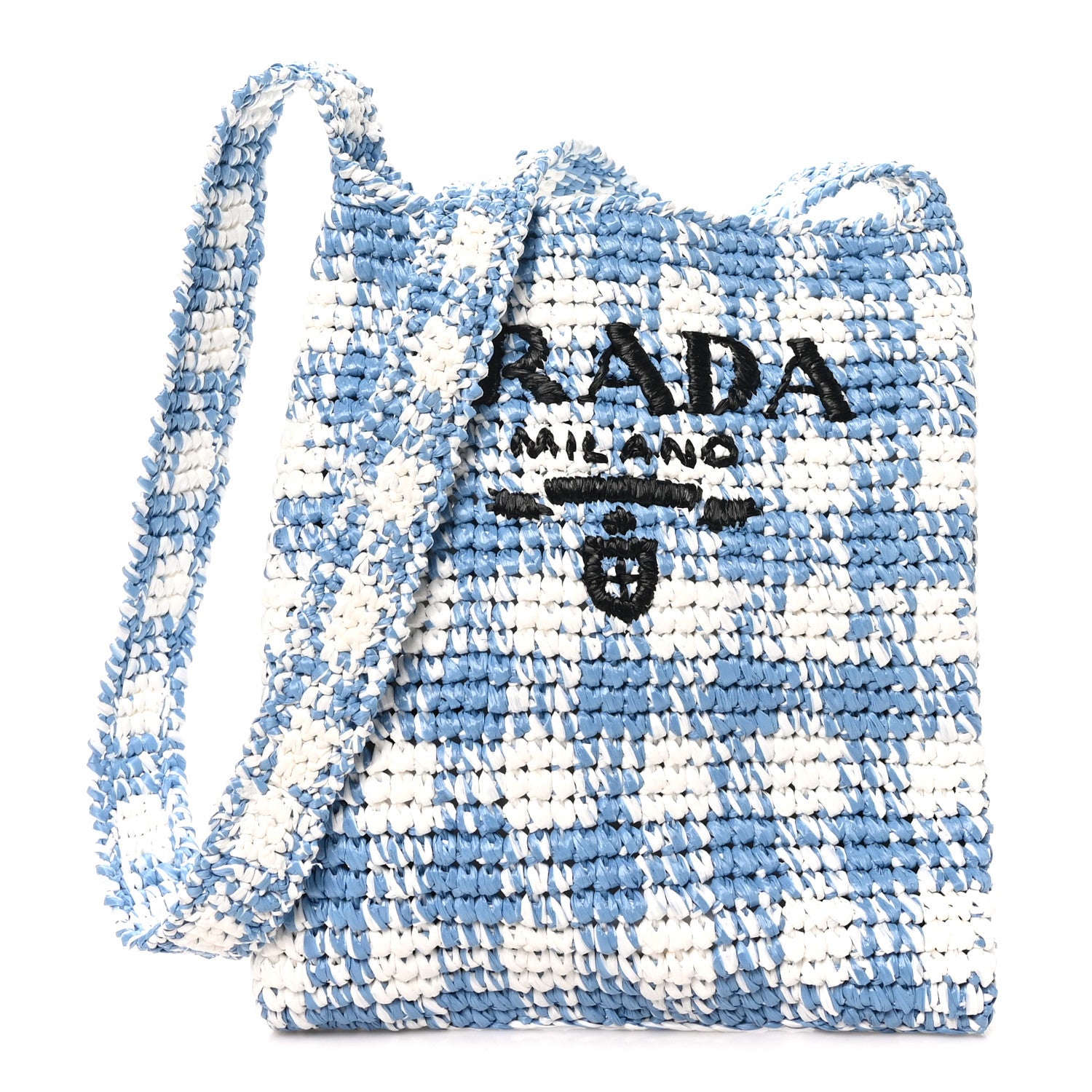 Prada Yarn Raffia Effect Crochet Embroidered Logo Tote Messenger Bag Celeste 1 of 9