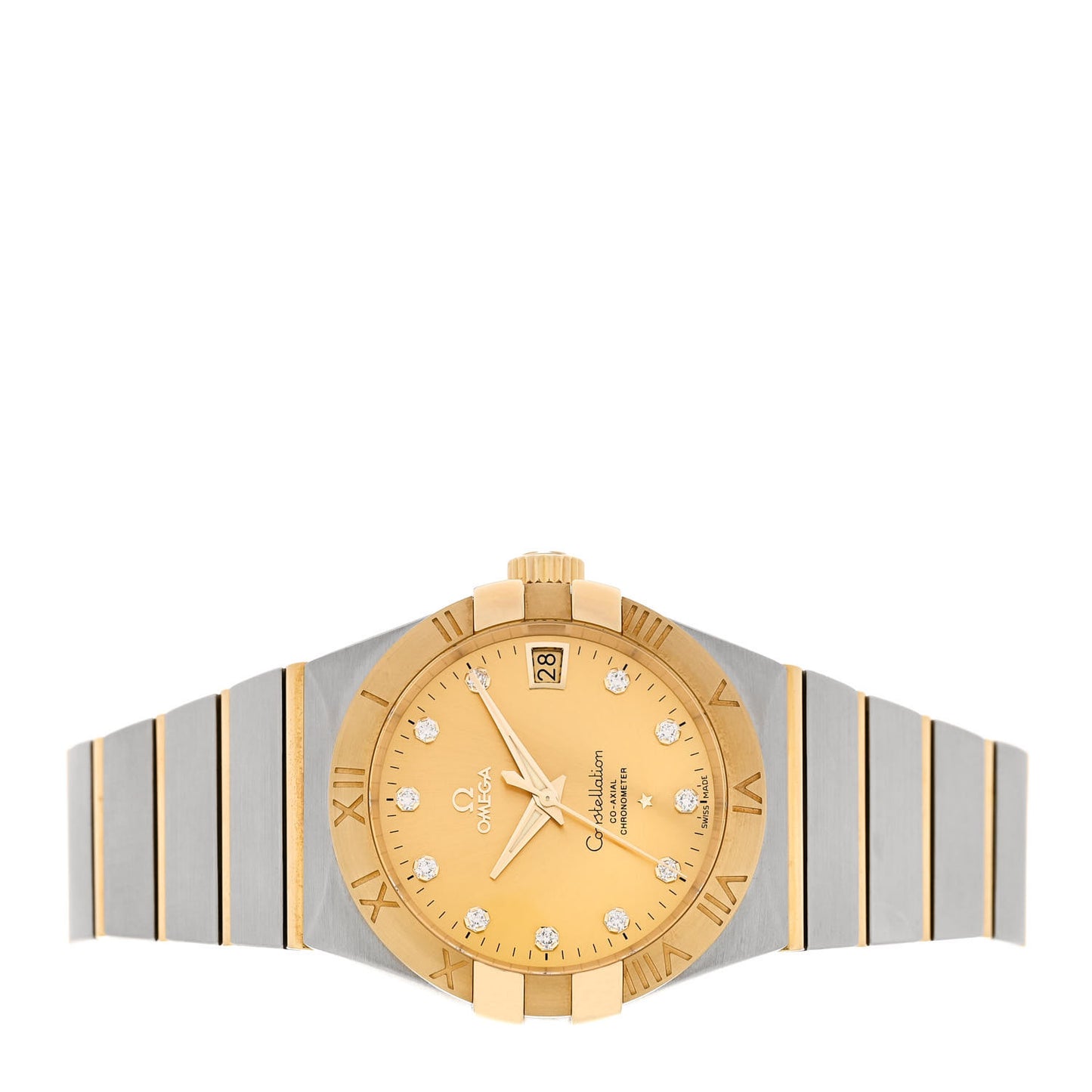 Stainless Steel 18K Yellow Gold Diamond 38mm Constellation Co-Axial Chronometer Automatic Watch Champagne 123.20.38.21.58.001