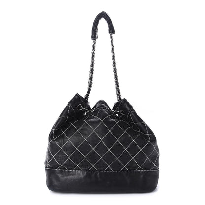 Chanel Lambskin Contrast Stitch Large Drawstring Tote Black 1 of 18