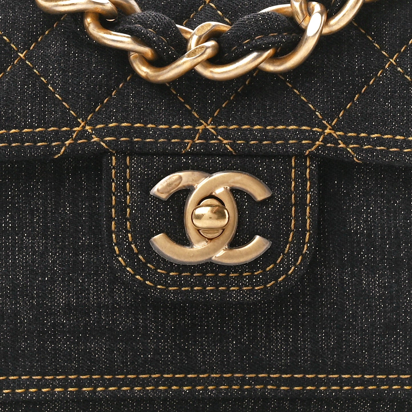Denim Quilted Double You Mini Flap Black Golden