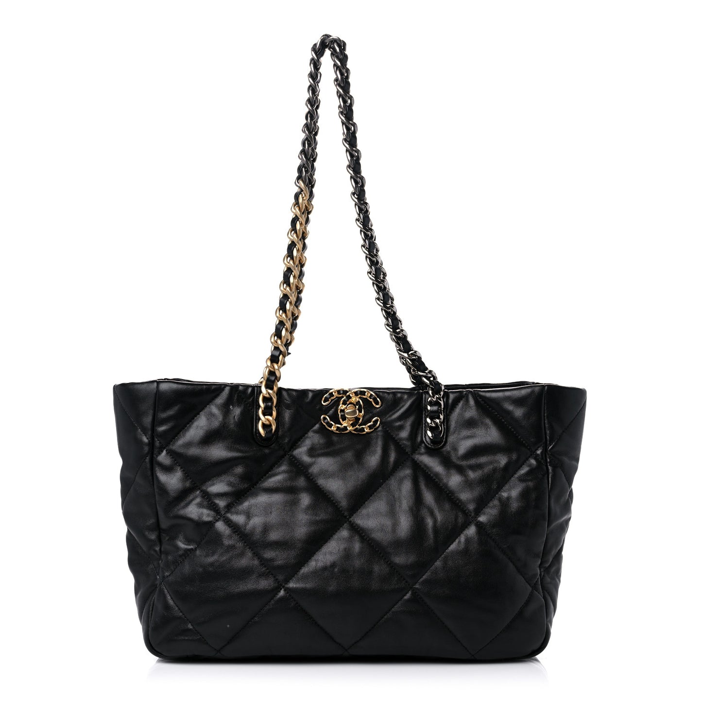 Lambskin Quilted Chanel 19 East West Shopping Bag Black