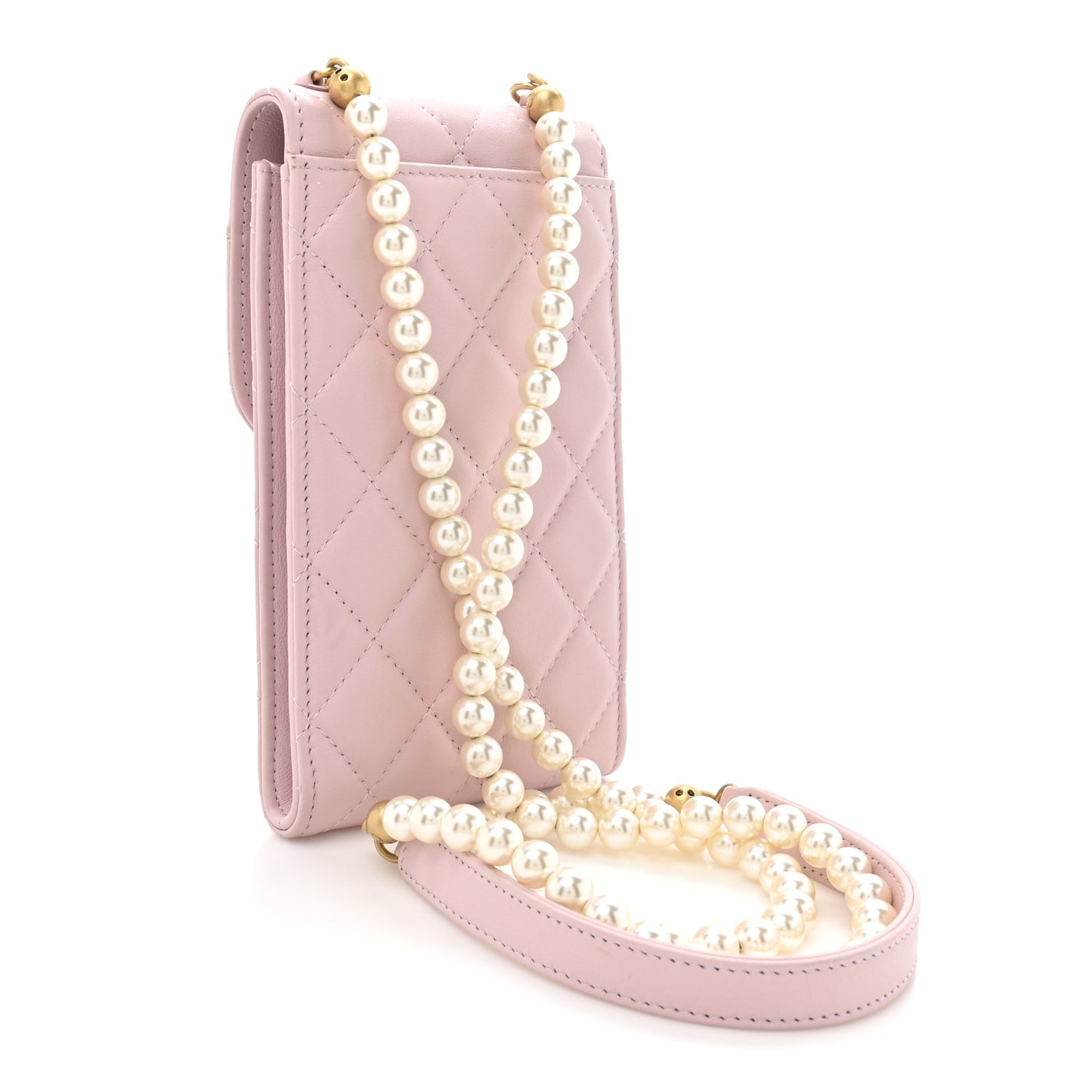 Lambskin Quilted Pearl Phone Holder With Chain Pink