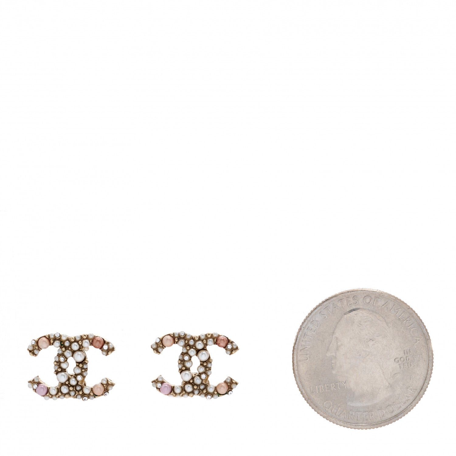 Chanel Pearl Crystal CC Charms Stud Earrings Light Gold Pink 2 of 5