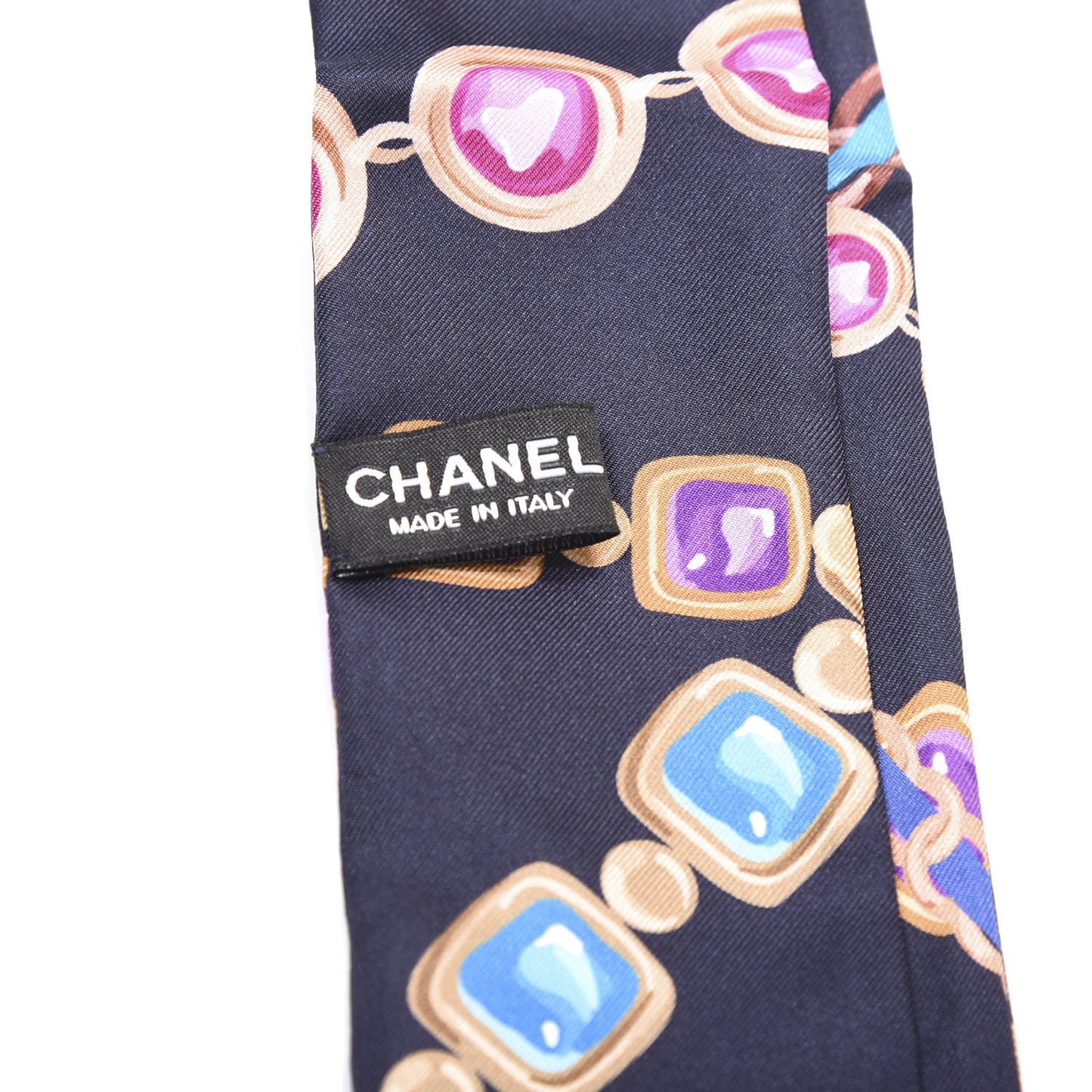 Silk Pearl CC Chain Slim Bandeau Scarf Navy Blue