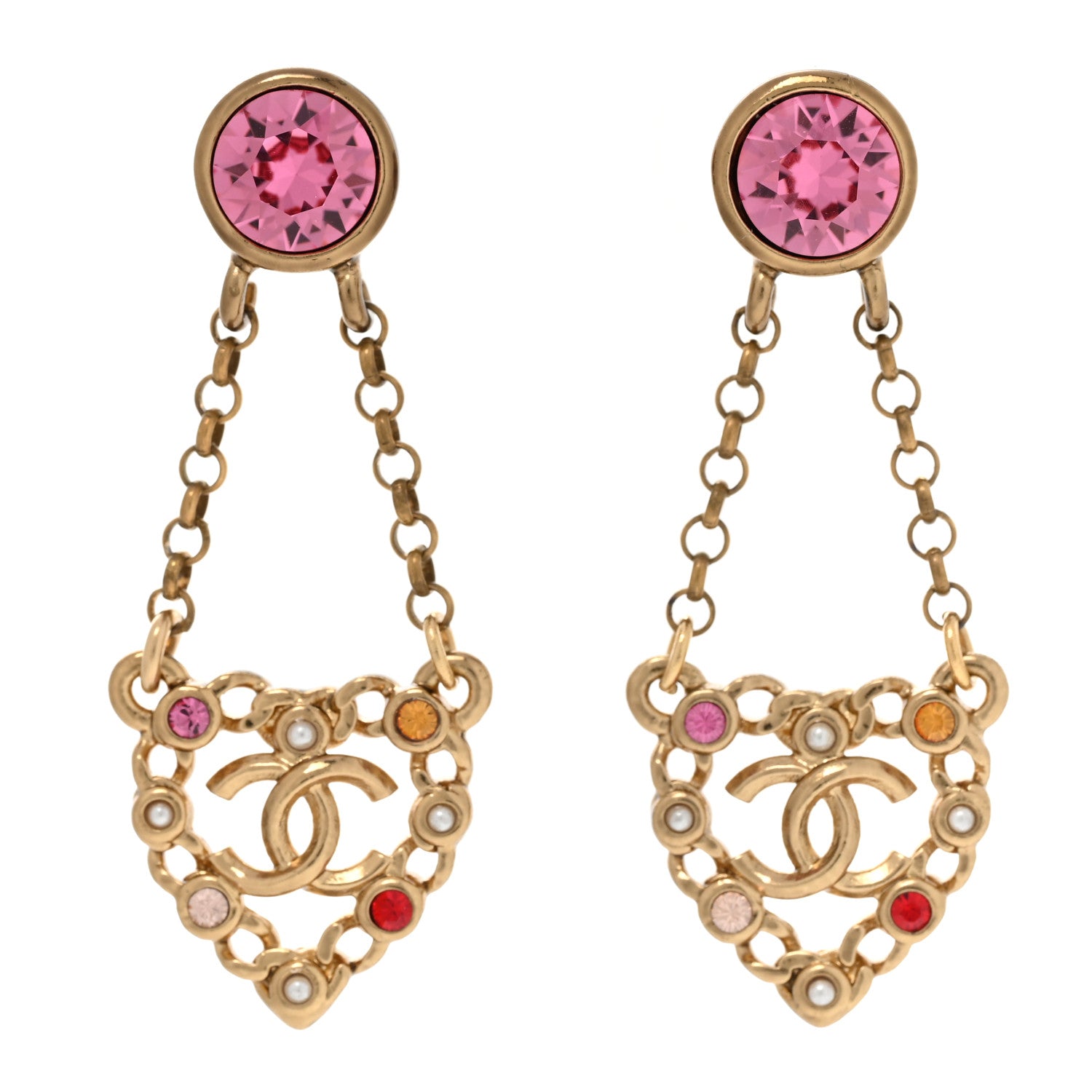 Chanel Pearl Crystal CC Heart Drop Earrings Gold Multicolor 1 of 5