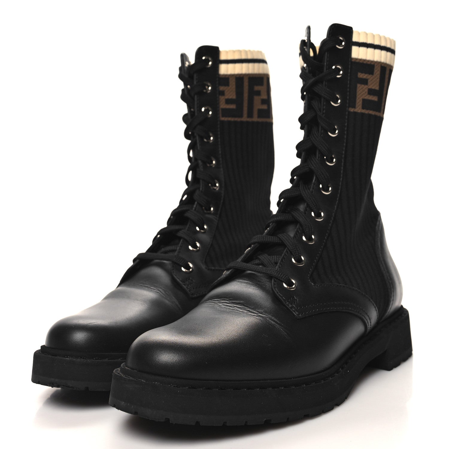 Fendi Calfskin Stretch Fabric Rockoko Biker Boots 39 Tobacco Black Marino 3 of 8