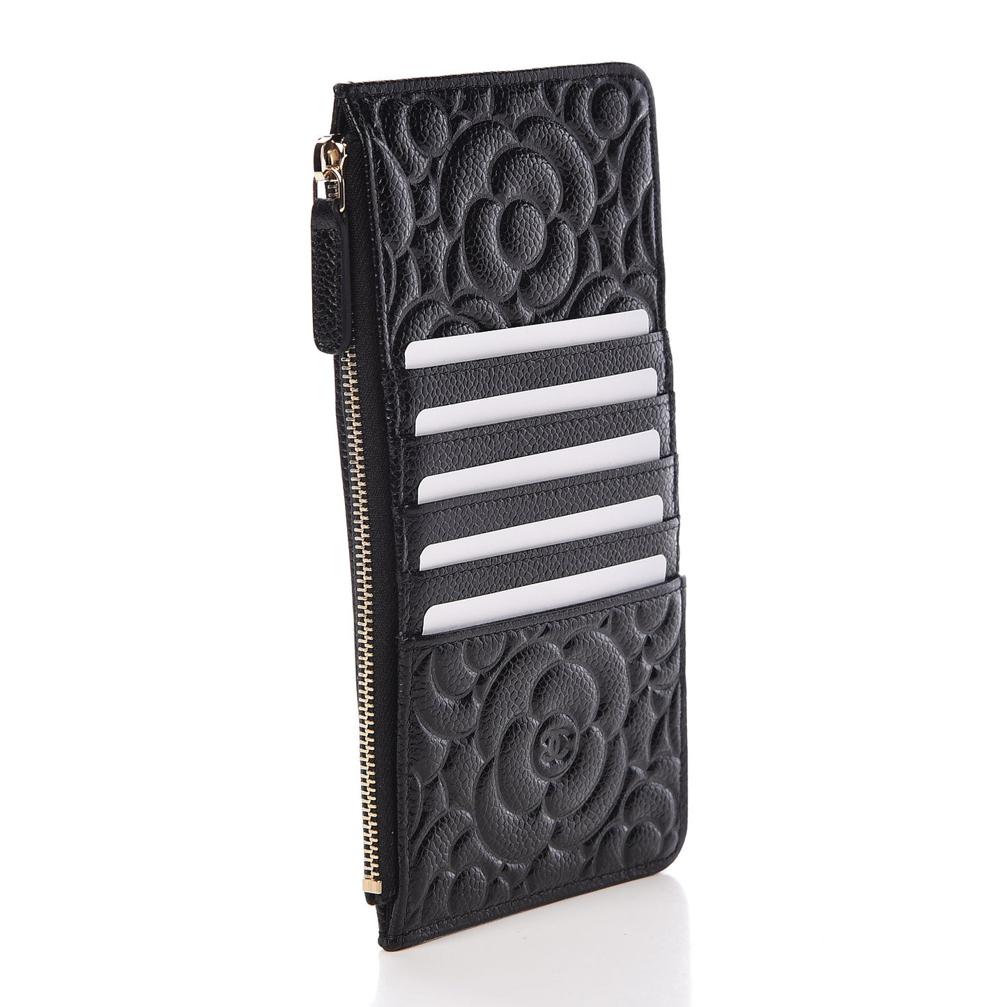 Caviar Camellia Embossed Classic Flat Wallet Pouch Black