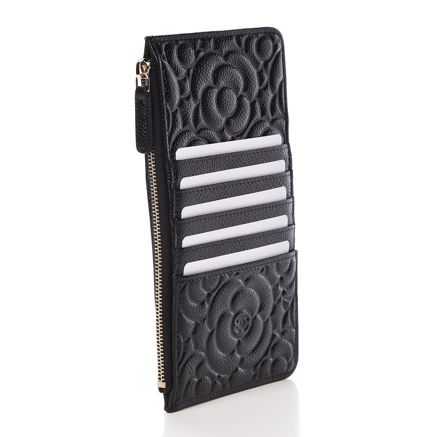 Chanel Caviar Camellia Embossed Classic Flat Wallet Pouch Black 3 of 8