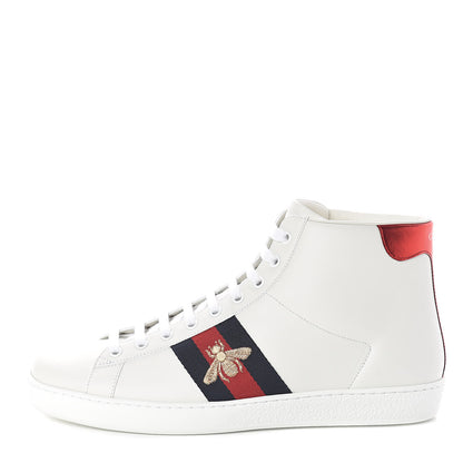 Gucci Calfskin Miro Soft Web Bee Embroidered Mens Ace High Top Sneakers 9 White 1 of 8