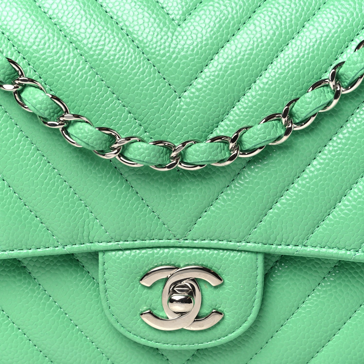 Chanel Caviar Chevron Quilted Medium Double Flap Green 8 of 10