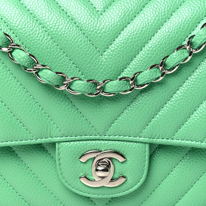 Chanel Caviar Chevron Quilted Medium Double Flap Green 8 of 10