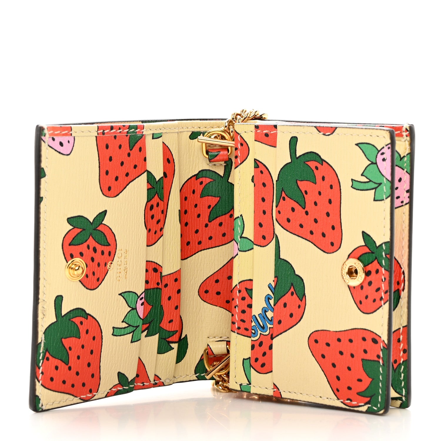 Gucci Calfskin Strawberry Print Zumi Chain Card Case Wallet Ivory Red 5 of 10