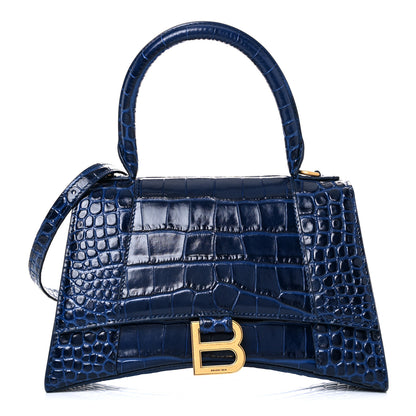 Balenciaga Shiny Calfskin Crocodile Embossed Small Hourglass Top Handle Bag Navy 1 of 14