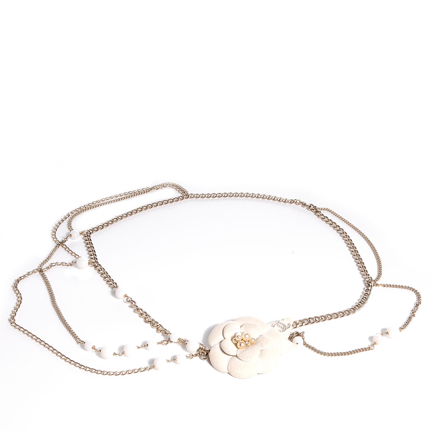 Chanel Pearl Crystal Beaded Camellia Chain Belt Gold White 1 of 6