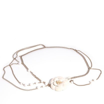 Chanel Pearl Crystal Beaded Camellia Chain Belt Gold White 1 of 6