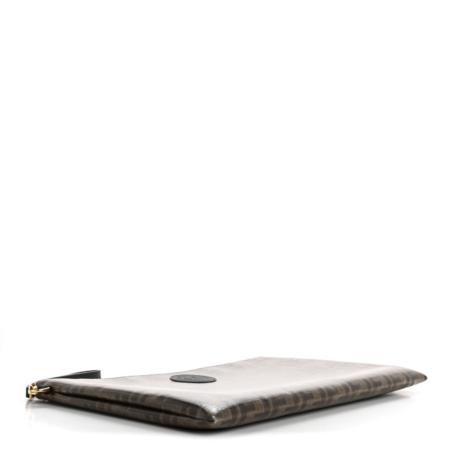 Fendi Glazed Fabric Vitello Century FF 1974 Stamp Patch Large Flat Pouch Mogano Panna Black 4 of 12