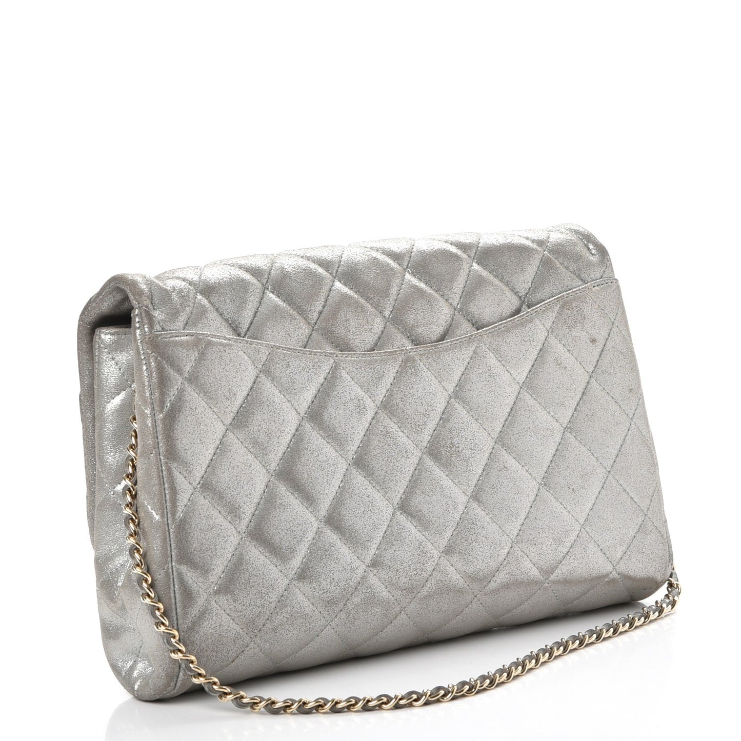 Iridescent Calfskin Clutch With Chain Flap Silver