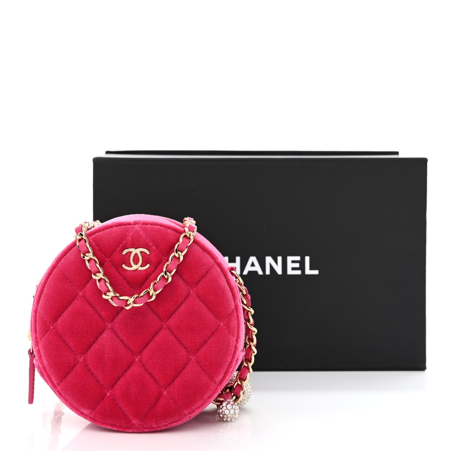 Velvet Round Quilted Pearl Crush Clutch With Chain Pink
