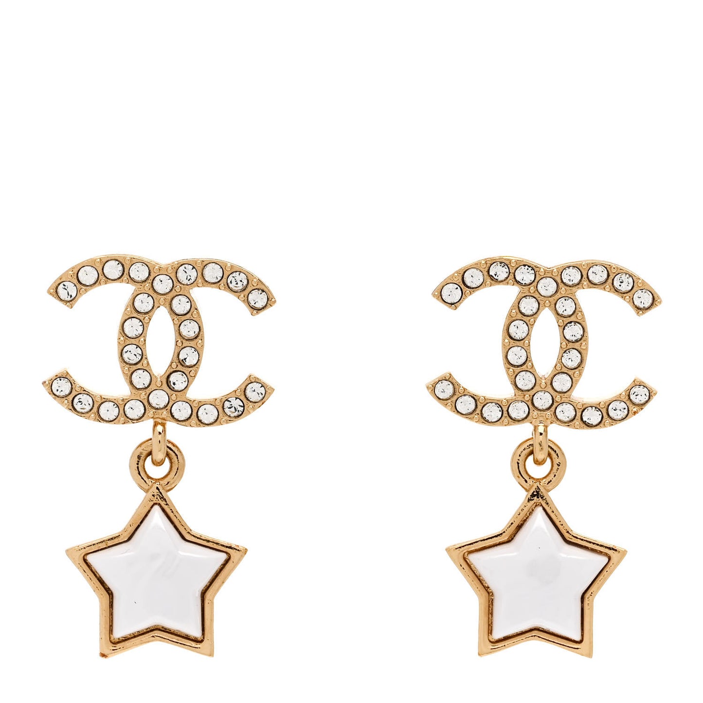 Metal Crystal Pearl CC Star Earrings Gold Pearly White