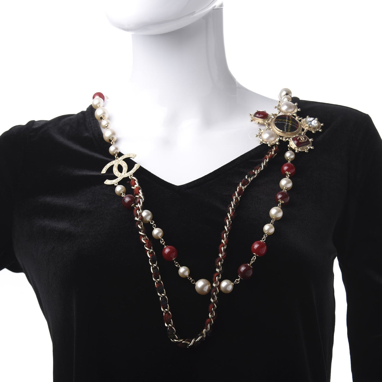 Gripoix Crystal Pearl Tweed Medallion Necklace Red Gold