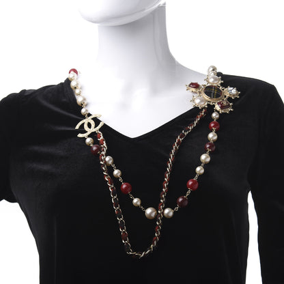 Chanel Gripoix Crystal Pearl Tweed Medallion Necklace Red Gold 2 of 4