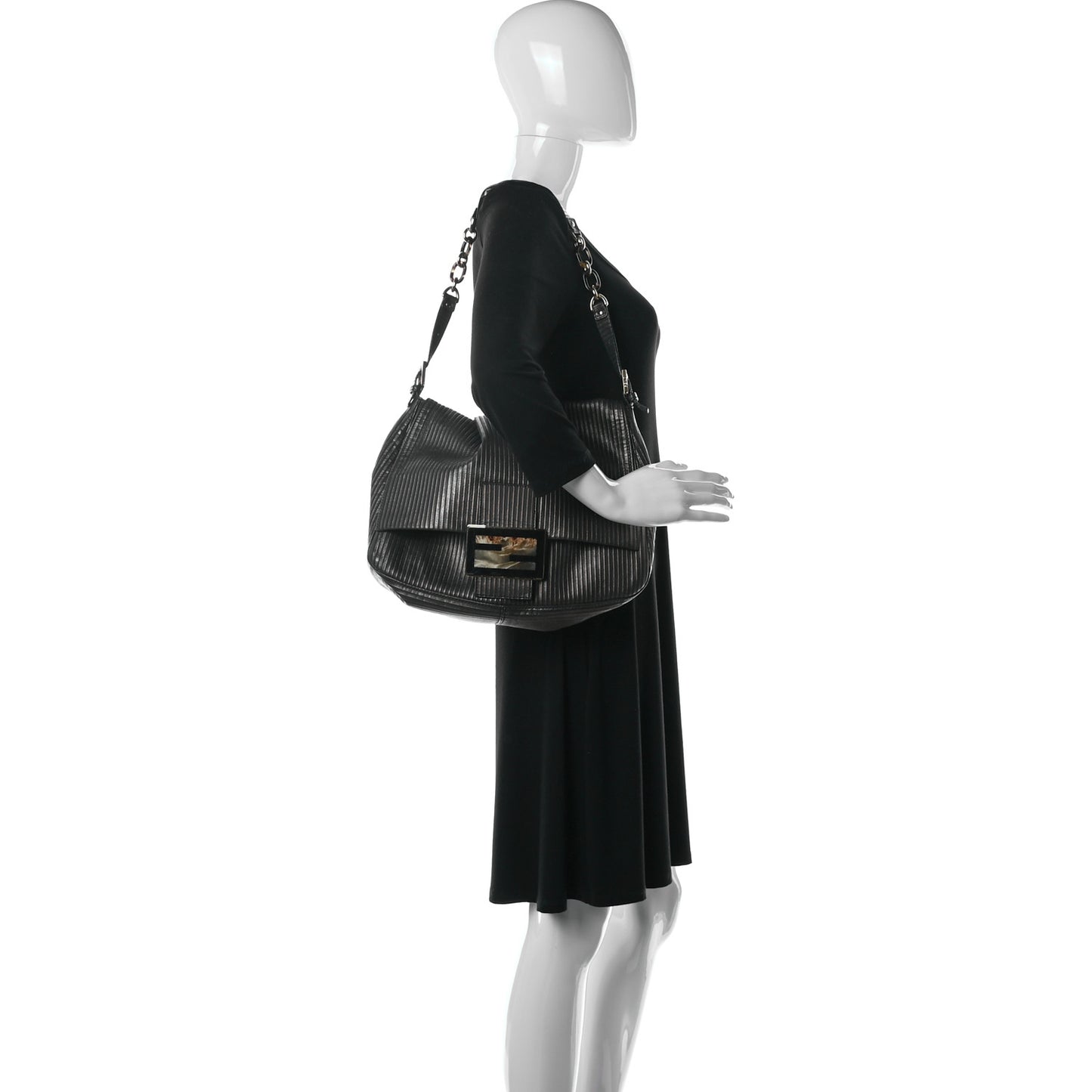 Metallic Nubuck Striped Big Forever Mama Baguette Black Gold