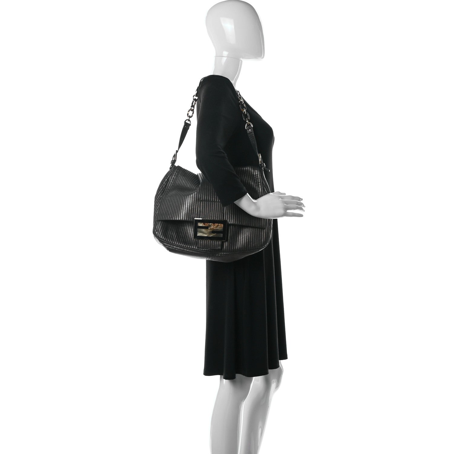 Fendi Metallic Nubuck Striped Big Forever Mama Baguette Black Gold 2 of 11