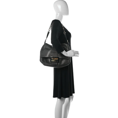 Fendi Metallic Nubuck Striped Big Forever Mama Baguette Black Gold 2 of 11