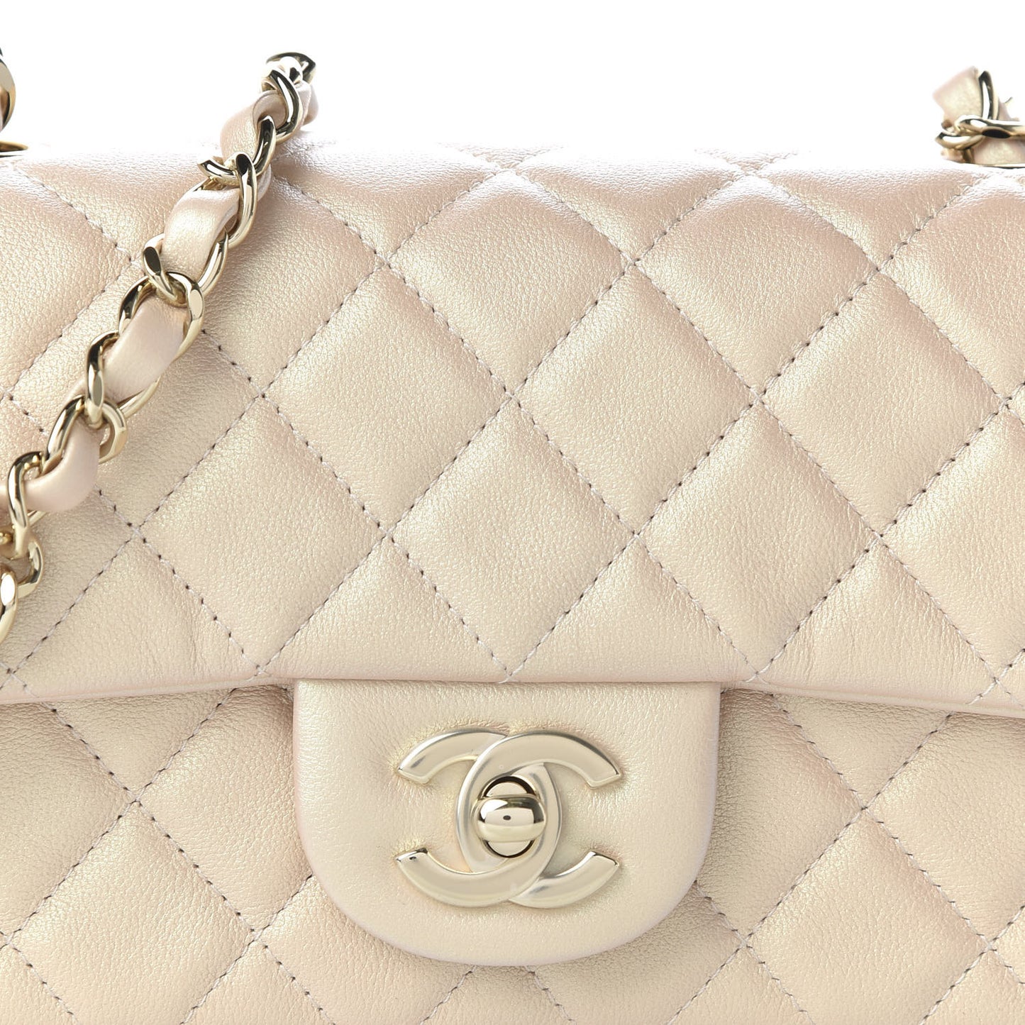 Iridescent Calfskin Quilted Mini Rectangular Flap Beige