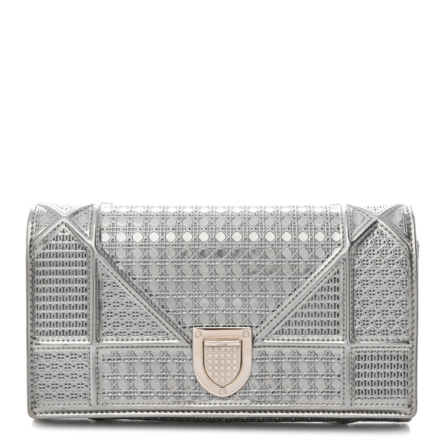 Christian Dior Metallic Patent Micro-Cannage Diorama Croisiere Chain Wallet Silver 1 of 7