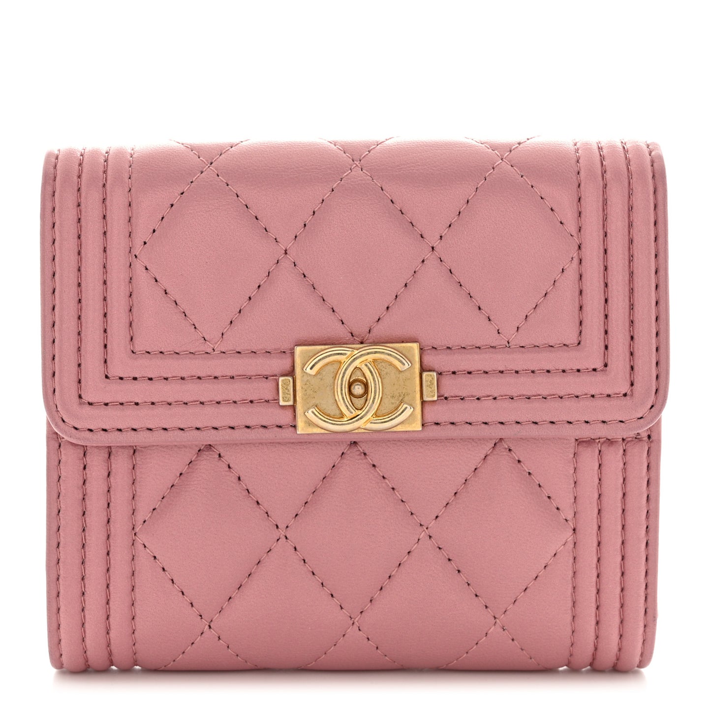 Metallic Lambskin Quilted Compact Boy Wallet Pink