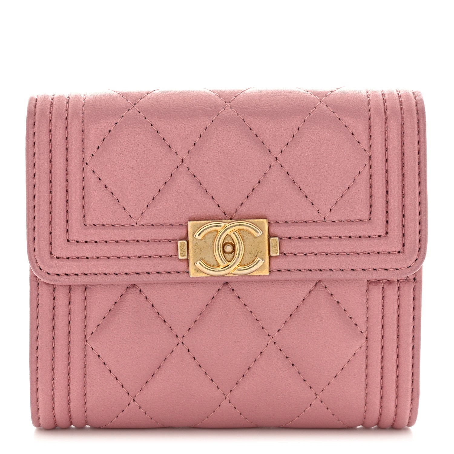 Chanel Metallic Lambskin Quilted Compact Boy Wallet Pink 1 of 12