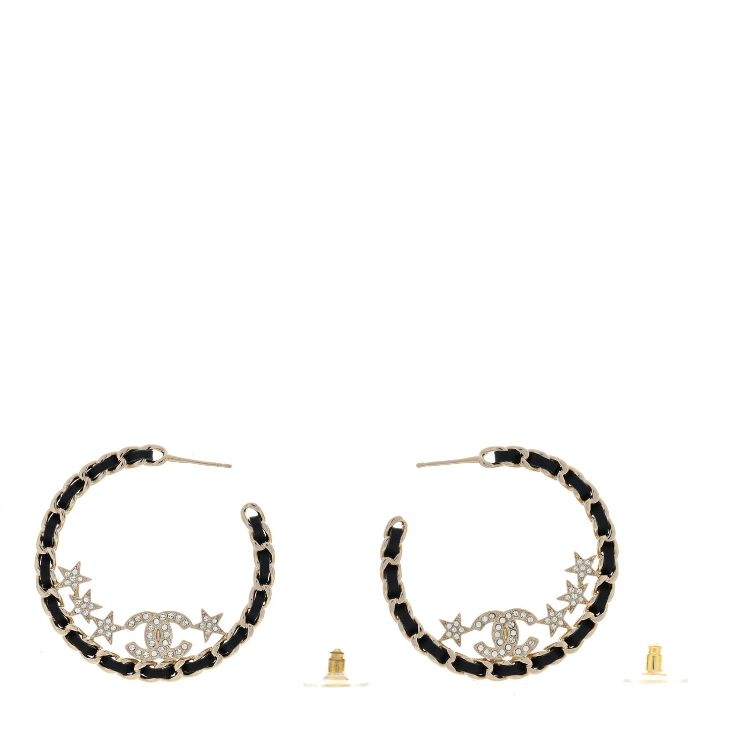Lambskin Chain Crystal CC Star Chain Hoop Earrings Gold Black