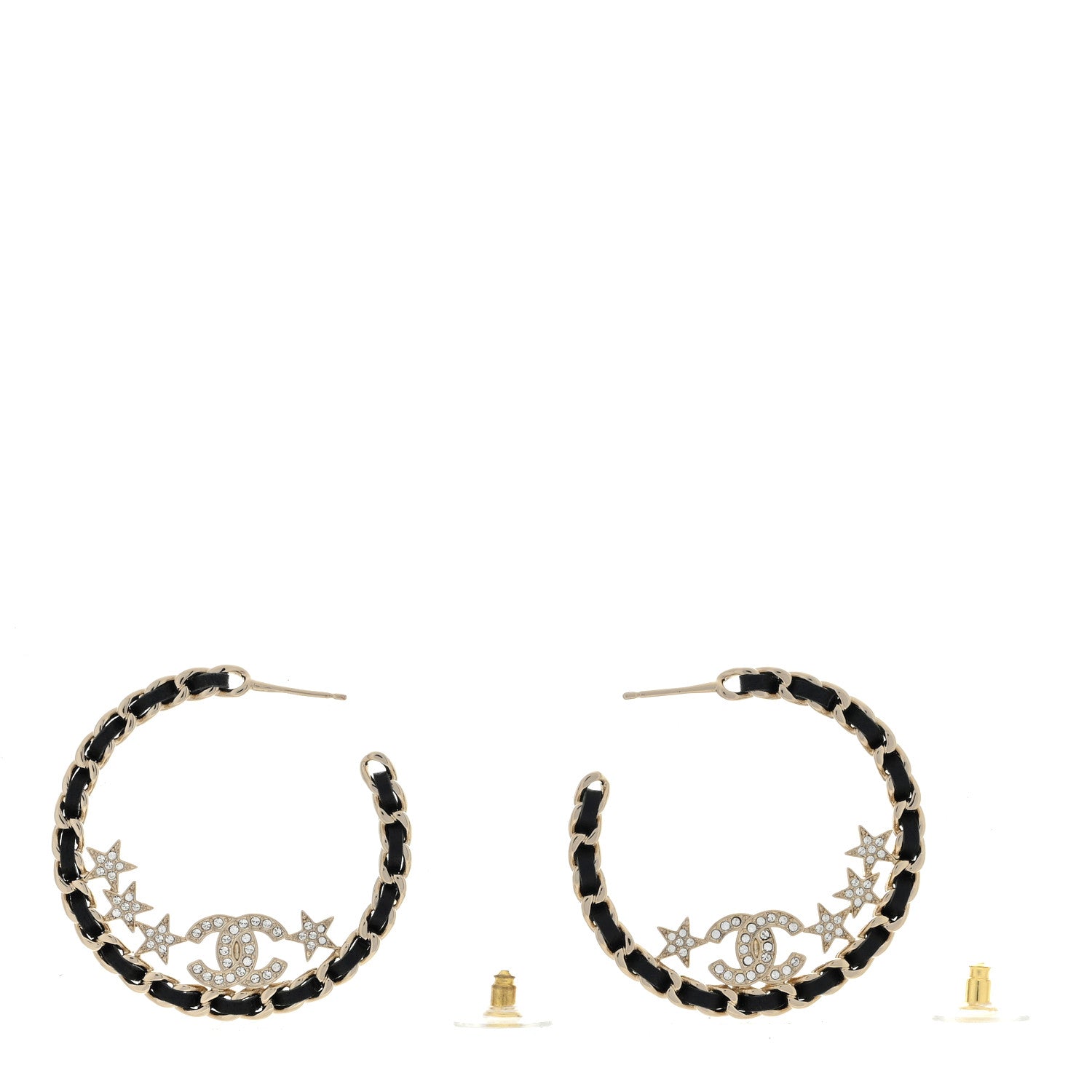 Chanel Lambskin Chain Crystal CC Star Chain Hoop Earrings Gold Black 3 of 4