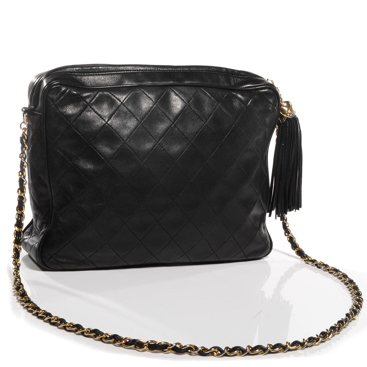 Lambskin Quilted Tassel Camera Case Black