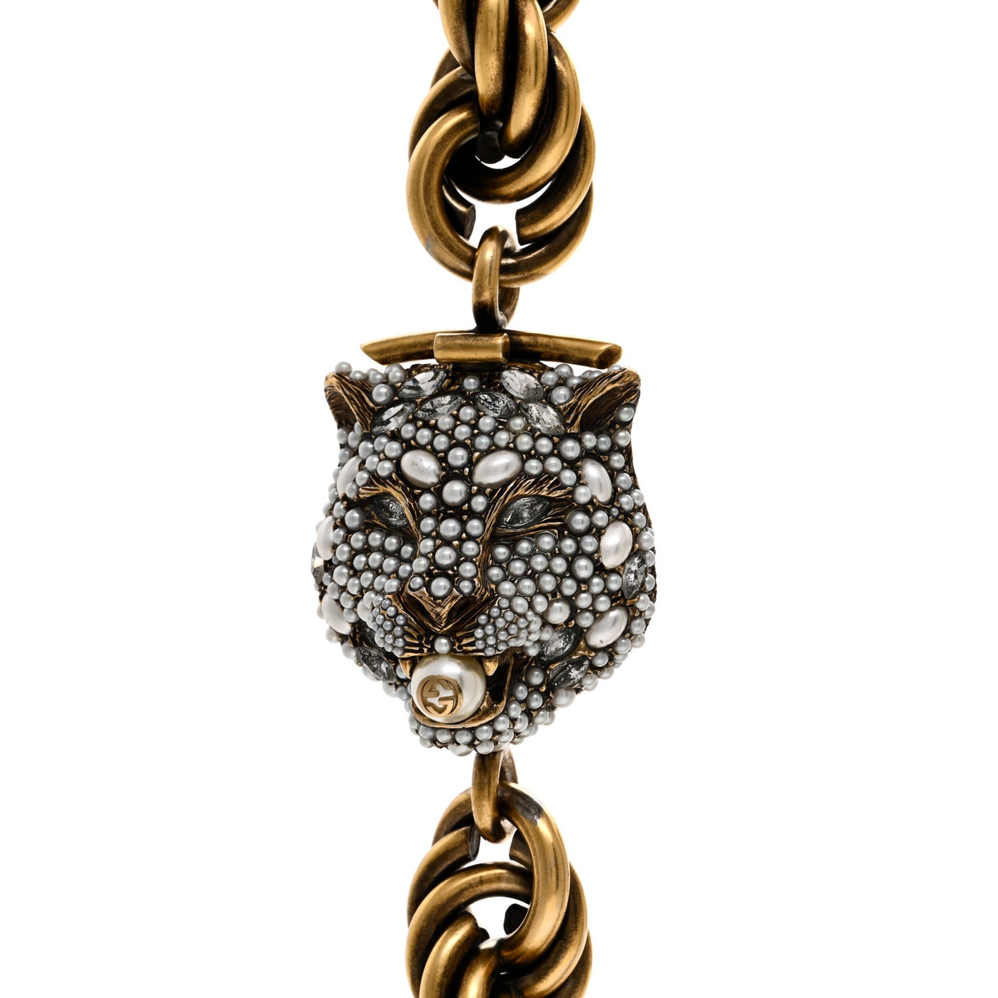 Metal Crystal Pearl Tiger Necklace Gold