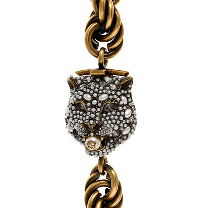 Gucci Metal Crystal Pearl Tiger Necklace Gold 4 of 5