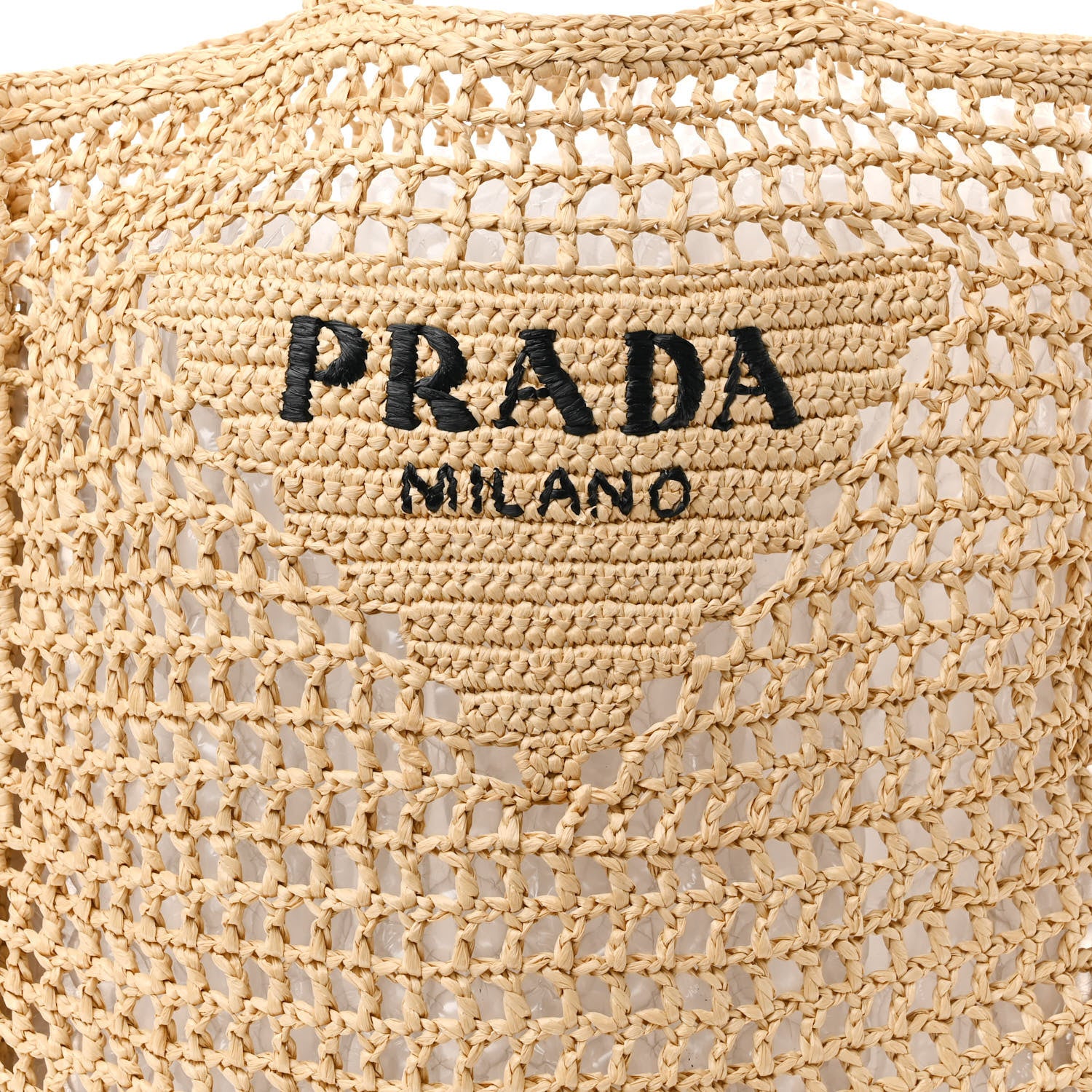 Prada Yarn Raffia Effect Crochet Logo Embroidered Tote Bag Naturale 6 of 9