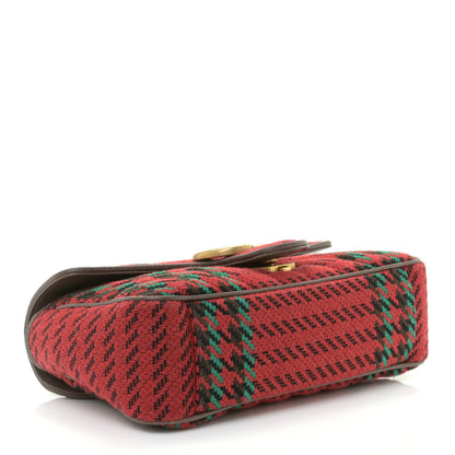Gucci Wool Tweed Textured Dollar Calfskin Matelasse Diagonal Plaid Small GG Marmont Shoulder Bag Red Green Multicolor New Acero 3 of 8