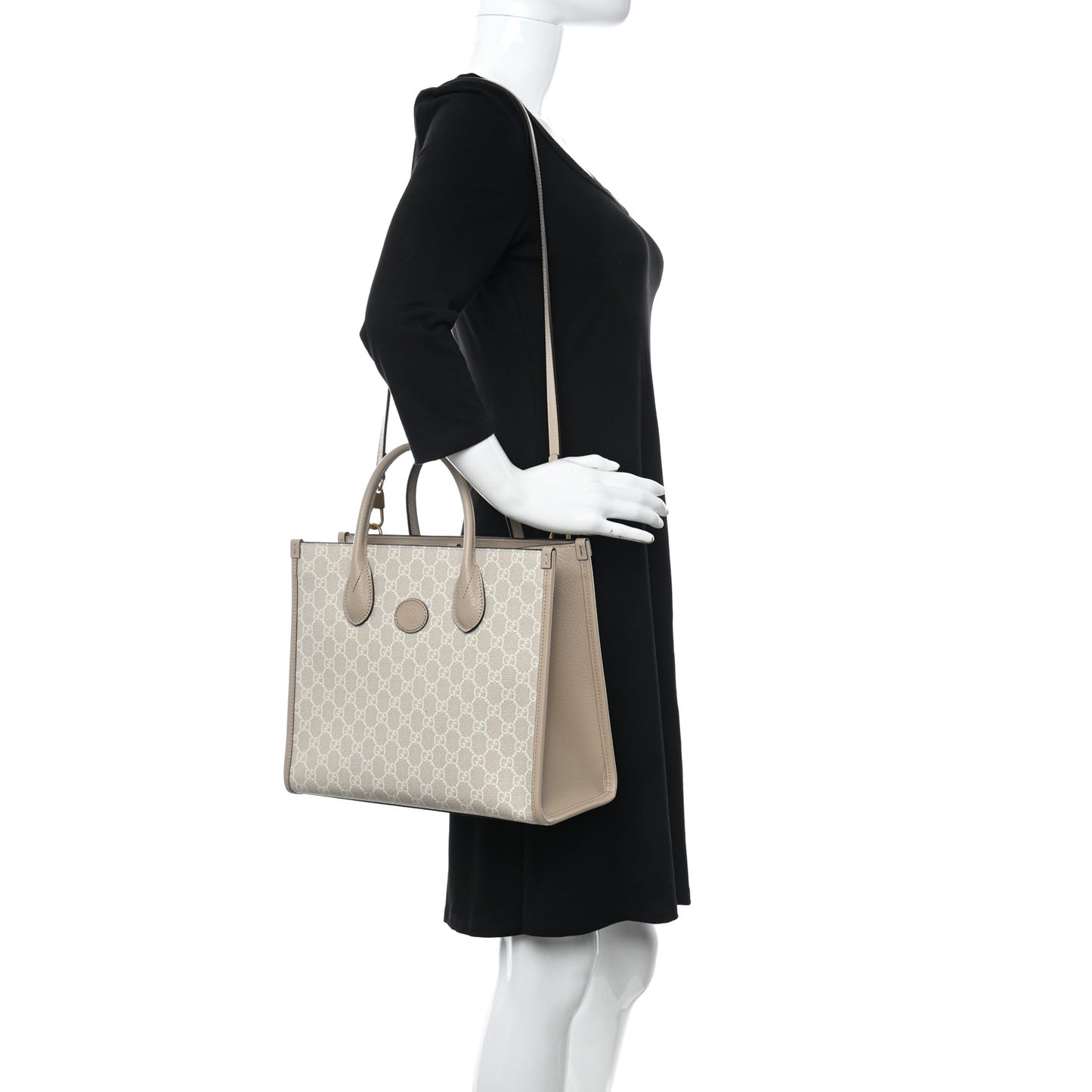 GG Supreme Monogram Textured Dollar Calfskin Small Retro Interlocking G Tote Bag Beige Mystic White Oatmeal