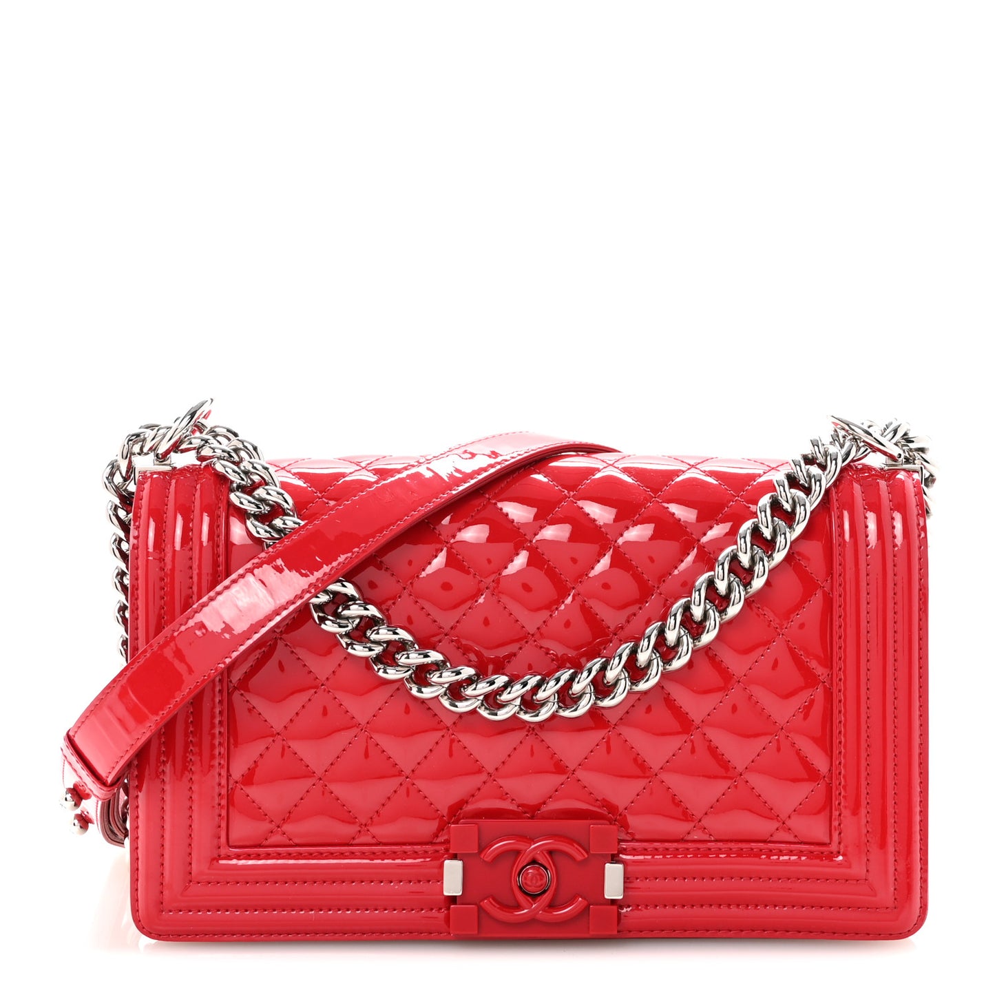 Patent Calfskin Quilted Medium Plexiglass Boy Flap Red