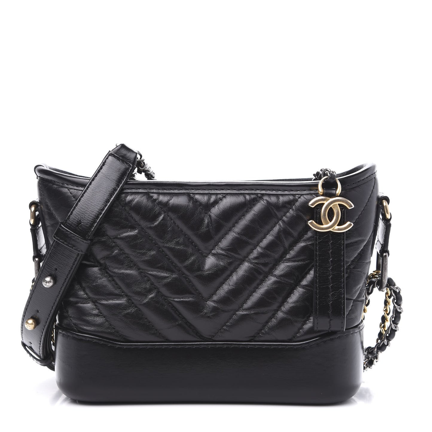 Aged Calfskin Chevron Quilted Small Gabrielle Hobo Black