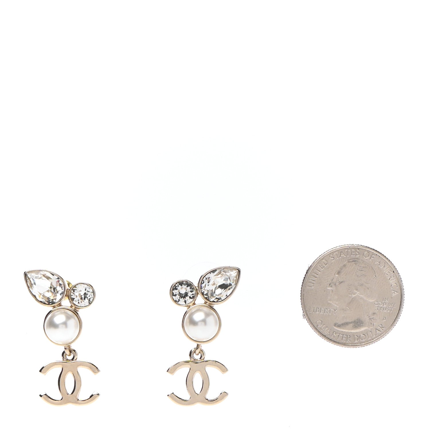 Chanel Pearl Crystal CC Drop Earrings Gold 2 of 4