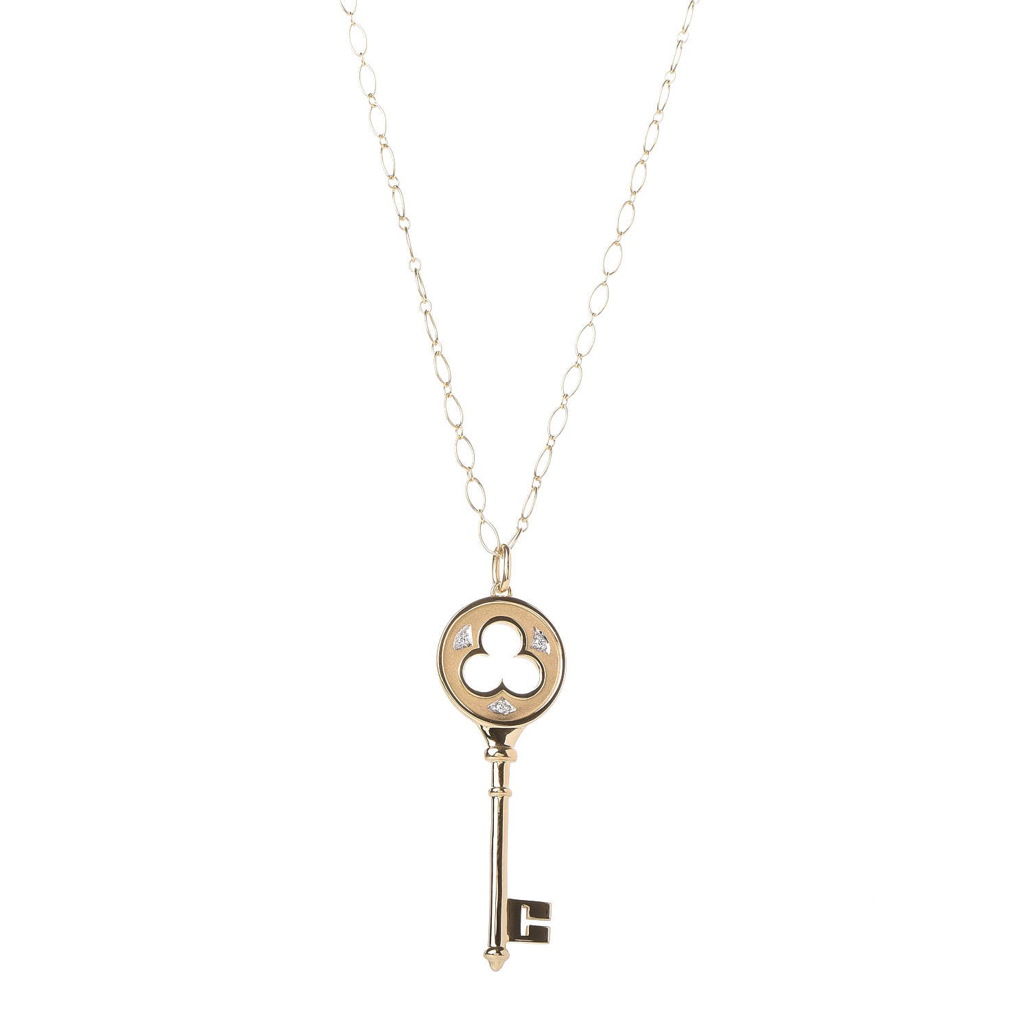 Tiffany 18K Yellow Gold Diamond Clover Key Pendant Necklace 1 of 8